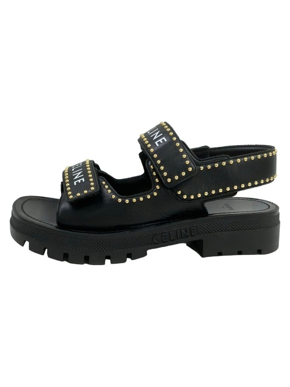 Celine Sandals 38 Black Gold White Studs Leather